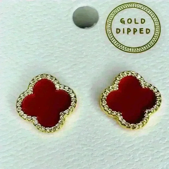 Quatrefoil Red Earrings with Pave Crystals - Picture 1 of 3